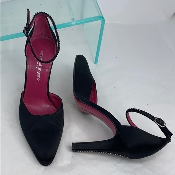 Emanuel Ungaro Sz 7 Black Satin w/Crystals Heels - Picture 7 of 15
